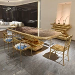 Layered Hammered Gold Dining Table with Dark Breccia Marble Top